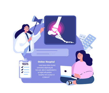 Online Traumatologist Orthopedist Doctor Consultate Woman Patient.Ankle Joint Pain,foot arthritis Inflammation,Osteoarthritis Diagnostic.Internet Treatment.Digital Medical Hospital.Vector Illustrationのイラスト素材