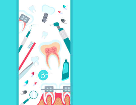 Dentistry Stomatology poster,Blue,White Background.Vector illustration.Dental Hygiene Concept Clinic Healthy Clean Teeth,Dental implants,Orthodontic Anchor.Dentist Tools,Equipment.Place for your textのイラスト素材