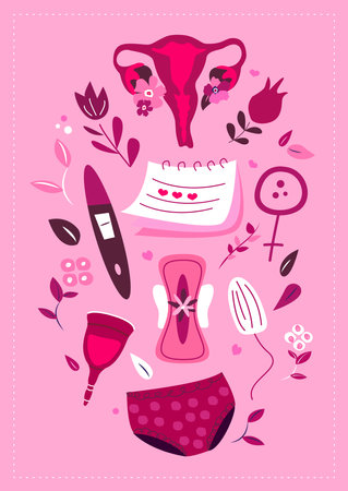 Menstruation Composition.Women Set of female period, menstrual blood, womb, uterus, ovaries, ovulation, pregnancy test, panties, sanitary pad, tampon, reusable cup, flowers.Pink Colored flat vector illustrationsのイラスト素材
