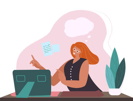 Happy relaxed person dreaming at work in office. Inspired creative employee resting and thinking, imagining smth in thought bubble and writing. Flat vector illustration isolated on white backgroundのイラスト素材
