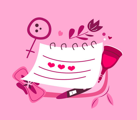 Menstrual calendar for menstruation control and pregnancy planning.Period schedule with marked days for woman and girl. Women cycle and PMS tracker.Flat vector illustration isolated on pink backgroundのイラスト素材