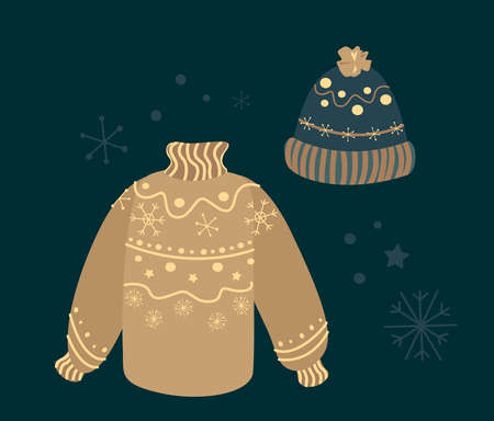 Set of knitted winterbWarm Beige Brown Woolen Hat and Sweater with Snowflakes Design.Christmas greeting card Vector illustration. Flat design for Shop advertising web concept cartoon illustration.のイラスト素材