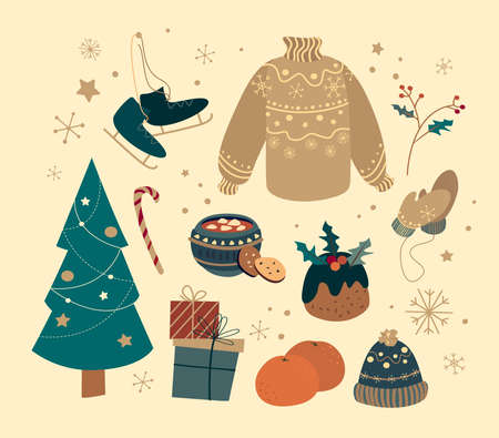 Happy New Year and Merry Christmas Hand Drawn Vector set.Collection of xmas elements for design holiday greeting cards and invitations of Merry Christmas and Happy New Year, seasonal winter holidays.のイラスト素材