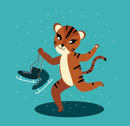 Chinese Tiger, Happy New Year Christmas Greeting Card.Cute Cartoon Cat with Skates.Chinese 2022 Symbol.Holiday Animal.Winter Atmosphere.Festive Design.Calendar, Cards, Advertising Vector Illustrationのイラスト素材