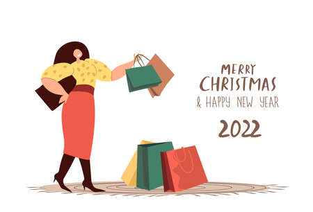 Merry Christmas, Happy New Year Shopping.Happy Young Woman, Buy Festive Purchase Present Gift Packages.Winter Holidays.Shopping Center Fairy Atmosphere.Xmas Sales Vector Illustrationのイラスト素材