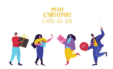Christmas set with happy merry people carrying Xmas gifts, presents boxes and champagne glasses, preparing for winter holidays at New Year.Flat graphic vector illustration isolated on white backgroundのイラスト素材