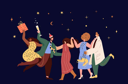 Christmas Party with happy merry Dancing people having Xmas Disco, preparing for winter holidays at New Year eve. Flat graphic vector illustration isolated on white backgroundのイラスト素材