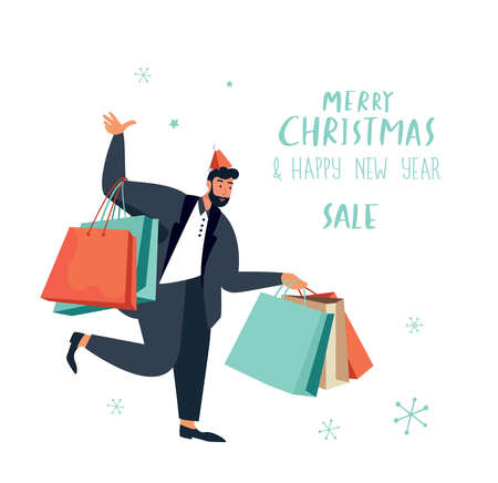 Merry Christmas and Happy New Year Shopping. Happy Adult Man in Santa Claus Hat Buy Festive Purchases Presents Gifts Packages for Winter Holidays.Fairy Atmosphere of Xmas Sale Flat Vector Illustrationのイラスト素材