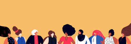 International Woman Day Postcard.Feminism concept.Bright Beautiful Different Girl Women stand Together.Party, Eight of March Celebration.Free Confident Women.Female Empowerment.Vector Flat Illustrationのイラスト素材