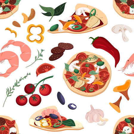 Endless Pattern for pizzeria Menu with Pizza, ingredients on White background.Template for Italian food restaurants or cafes.Vector Flat illustration of advertisement Pizza ingredients, Italian snackのイラスト素材