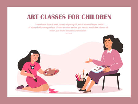 Art Teacher with Creative Child Landing Page Template.Kid painting on Paper Sheet.Little Girl with Paints, Brushes Create Colorful Picture at Home.Cartoon People Vector Illustration, white backgroundのイラスト素材