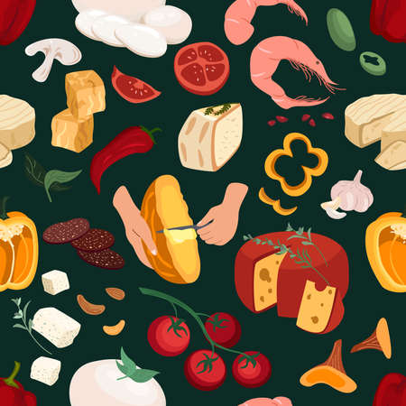 Seamless endless pattern with grocery italian food on dark background.Italian Cheese, tomatoes, vegetables, dairy products.Colorful vector illustration in flat style for wrapping paper, fabric printのイラスト素材