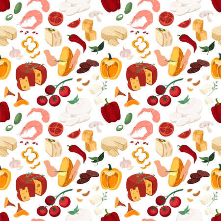 Seamless endless pattern with grocery italian food on white background.Italian Cheese,tomatoes,vegetables,dairy products.Colorful vector illustration in flat style for wrapping paper,fabric printのイラスト素材