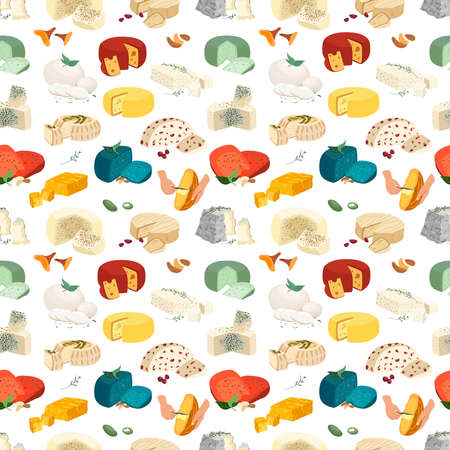 Seamless pattern with different cheese slices on white background. Endless repeatable gourmet food texture with brie, camembert, cheddar, gouda and mozzarella cheeses. Colored flat vector illustrationのイラスト素材