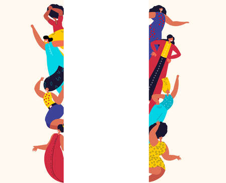 International Woman Day Poster Template.Feminism concept.Bright Beautiful Different Girls Women stand Together.Party,Celebration. Free Confident Women.Female Empowerment.Vector Flat Illustrationのイラスト素材