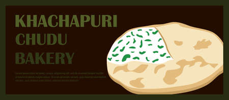 Traditional Osetian, Dagestani Caucasian pie flat bread.Filled with curd, cottage cheese, green.Flat Vector Illustration.Web banner template, tasty appetizing national meal, place for text.Delivery serviceのイラスト素材
