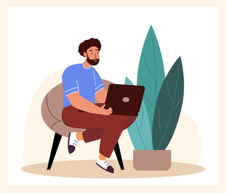 Man work with laptop through internet.Freelance IT worker working online.Person Freelancer sitting in chair and typing smth with computer on laps. Flat vector illustration isolated on white backgroundのイラスト素材