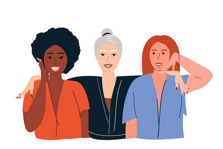 Bright Beautiful Different Women,Girls Together.Free Confident Women.Different ages,nationalities,races international models.Multiracial females.Flat vector illustration isolated on white backgroundのイラスト素材