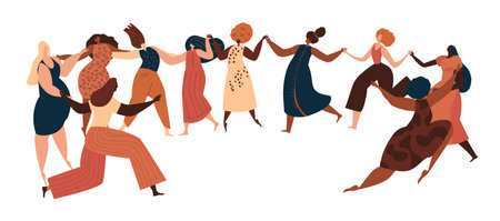Happy International Woman Day Party.Confident Women Dancing in Female Circle Together.Eight of March Celebration. Protect Free Confident Women. Feminine, Female Empowerment Flat Vector Illustrationのイラスト素材