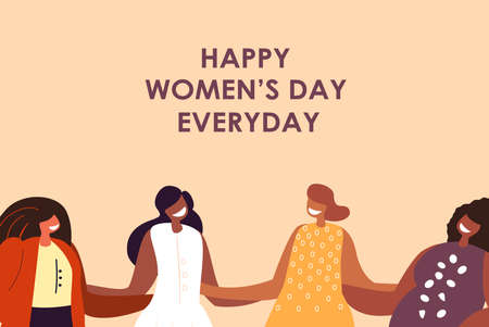 Happy International Woman Day Celebration.Feminism concept.Confident Girls.Eight of March Congratulation. Protect Free Confident Women. Feminine,Female Empowerment.Colored Flat Vector Illustrationのイラスト素材