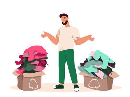 Man Prepared Boxes with Recyclable and Eco Friendly Textile. Sustainable Fashion, Manufacturing Brand,Green Technologies, Ethical Clothing Production Selling Concept.Cartoon People Vector Illustrationのイラスト素材