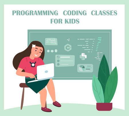 Little Girl Sitting on Chair with Laptop in Hands near Blackboard with Formulas. Child Education, School Class for Prodigy Kid, Robotics or Mathematics Studying. Cartoon Vector Illustrationのイラスト素材