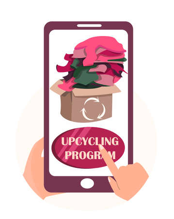 Use Mobile App,prepare Textile Clothes for Recycling Online.Recyclable,Eco Friendly,Sustainable Fashion,Green Technologies,Ethical Clothing Production.Vector Illustration Smartphone Screen Applicationのイラスト素材