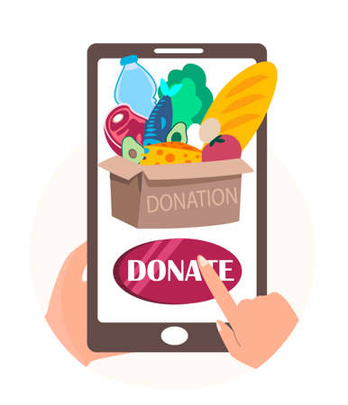 Humanitarian aid Online.Meal Food Donation.Help to People in Need Concept.Use Donation Mobile Application.Push Button, Smartphone Screen Application,Humanitarian charitable.Cartoon Vector Illustrationのイラスト素材
