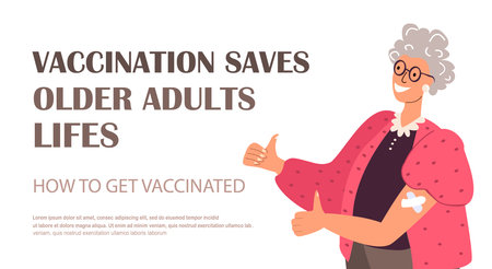 Vaccines for Older Adults Landing Page Template.Senior Pensioner Woman Health Care,Vaccinated Old Female Character Show Patch on Shoulder.Elderly Immunization,Vaccination.People Vector Illustrationのイラスト素材