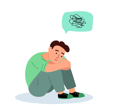 Teenager Depression, Problems, Depressed Unhappy Boy Sitting on Floor with Tangled Thoughts in Head. Kid Character need Professional Psychological Help, Mental Assistance. Cartoon Vector Illustrationのイラスト素材