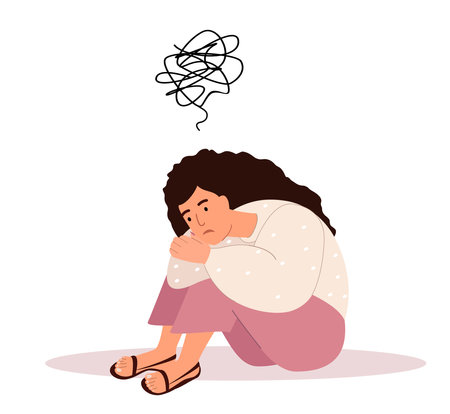 Woman in Depression,Problems,Depressed Unhappy Scared Woman Sitting on Floor with Tangled Thoughts in Head.Character need Professional Psychological Help,Mental Assistance.Cartoon Vector Illustrationのイラスト素材