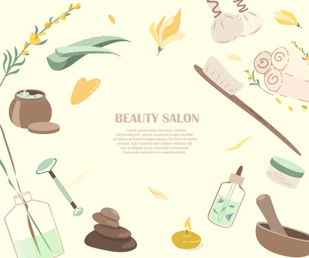 Spa Wellness Center Advertising banner, Sale poster. Herbal Treatment Concept Leaflet.  Skin care for health, wellbeing, beauty salon. Flat vector illustrationのイラスト素材
