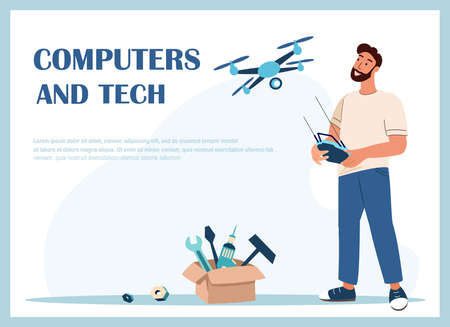 Man Create Invention. Robotics Class template. Computers Tech Landing Page Template. Smiling Man with Remote Control Presenting Flying Robot or Quadcopter, Constructor Innovation. Flat Vector Illustrationのイラスト素材