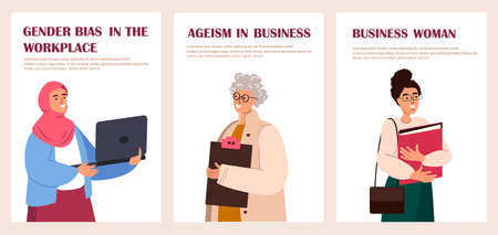Banners with Business Women, Confident Female Characters Wear Formal Clothes. Diverse Office Persons, Gender Bias at Workplace, Advantages, Equality. Cartoon People Vector Illustration, Postersのイラスト素材