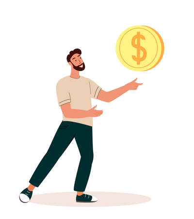 Male Character Shows Gold Dollar Coin. Online Payment, Electronic Virtual Transaction Concept. Transfer Money via Digital Wallet. Cashless Paying Platform. Cartoon People Vector Illustrationのイラスト素材