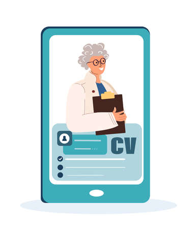 Recruitment,Choosing Candidate Concept.Old Aged Woman Seeker Character Having an Online Interview,Job Applicant in Smartphone Screen.Appointment with CV in Hands.Employment Process.Vector Illustrationのイラスト素材