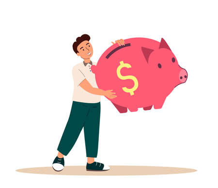 Little Boy Holding Huge Piggy Bank in Hands. Child Character Collect Money into Thrift-box. Saving for Kids Future, Education, Life Prosperity, Financial Success. Cartoon People Vector Illustrationのイラスト素材