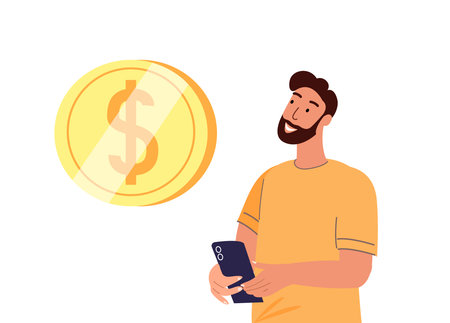 Happy Smiling Man Male Character Look on Smartphone Screen with Dollar Sign Golden Coin.Online Money Transaction Transfer,Pension Deductions,Mobile Savings Account,Deposit.People Vector Illustrationのイラスト素材