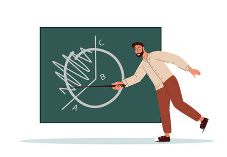 Teacher with Protractor Isolated on White Background. Active Playing Male Character Wear Formal Clothes Explain Lesson to Students in Classroom,Education Concept. Cartoon People Vector Illustrationのイラスト素材