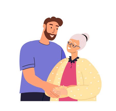 Happy adult son hugging old mother feeling love to each other. Portrait of young man hugging his grandma. Friendly family relationship. Cartoon vector flat illustration on white background.のイラスト素材