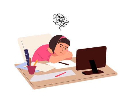 Tired overworked pupil girl sit sad and studying.Exhausted fatigue kid, tired overload head,sit at computer desk,overloaded with school,copybooks.Flat vector illustration isolated on white backgroundのイラスト素材