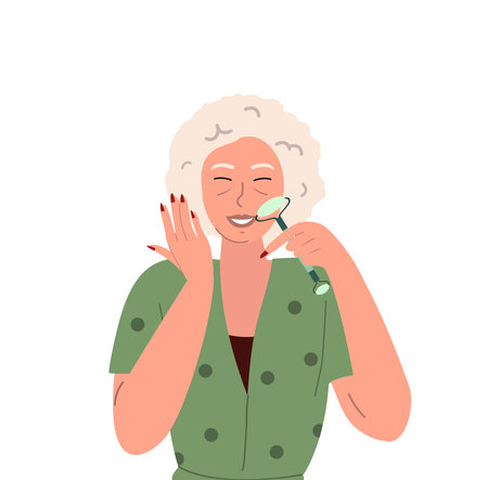 Retired Old Beautiful Relaxed woman do face yoga with Facial Roller Massagers,self massage,rejuvenating exercises.Lady massaging her face.Beauty Procedure,anti-aging self care.Vector flat illustrationのイラスト素材