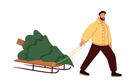 Happy Man in Wrm Coat pulling Christmas fir tree on sleigh. Smiling Guy going with firtree on sledge, preparing for winter Xmas holiday. Flat graphic vector illustration isolated on white backgroundのイラスト素材