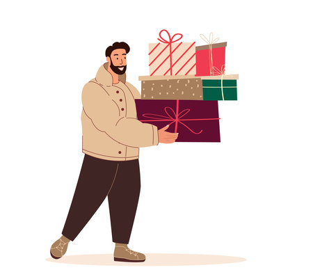 Happy Smiling Man doing holiday Christmas shopping,prepare for winter holiday.Happy Man hold Xmas gift boxes,gifts,presents at New Year evening.Flat vector illustration isolated on white backgroundのイラスト素材