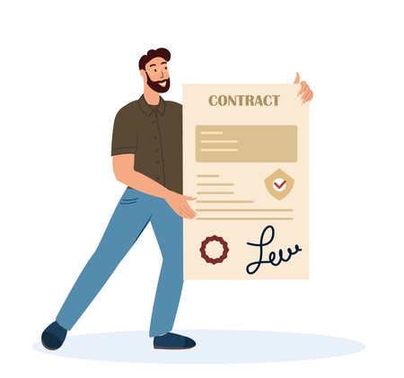 Lawyer, Notary or Attorney Service.Man Hold Certificate or Contract with Seal Stamp and Signature.Man with Document Offer Professional Service, Character Holding Paper.Cartoon Flat Vector Illustrationのイラスト素材