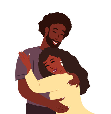 Happy Young African Romantic Couple together.Negro Wife,Husband hug each other.Supporting,Warm,loving relationships.Family people trust,help each other.True Love.Smiling Woman,Man.Flat illustrationのイラスト素材