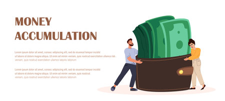 Landing Page Template.Happy Young Woman,Man Characters Hold Huge Wallet with money,Green Bills,Notes. Financial Wealth,Money Accumulation.Wealthy,Joyful Family.Financial Stability.Vector Illustrationのイラスト素材