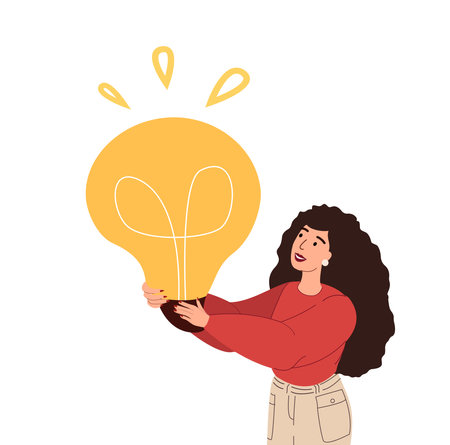 Business idea concept.Smilling Employee with lightbulb.Creative woman finding solution,answer at work with light bulb.Happy manager and innovation.Flat vector illustration isolated on white backgroundのイラスト素材