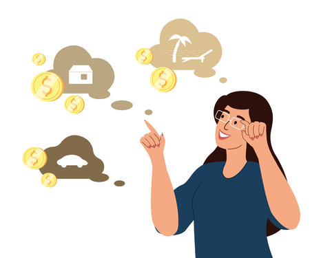 Financial concept of budget planning.Woman thinking about diversification,money expenses distribution.Assets allocation,savings,finance management.Flat vector illustration isolated on white backgroundのイラスト素材