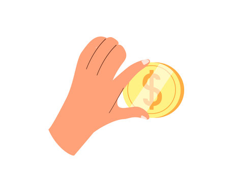 Coin in fingers. Hand holding cash money, dollar cent, gesturing OK. Finance bonuses and benefits, cashback, help, donation and charity concept. Flat vector illustration isolated on white backgroundのイラスト素材